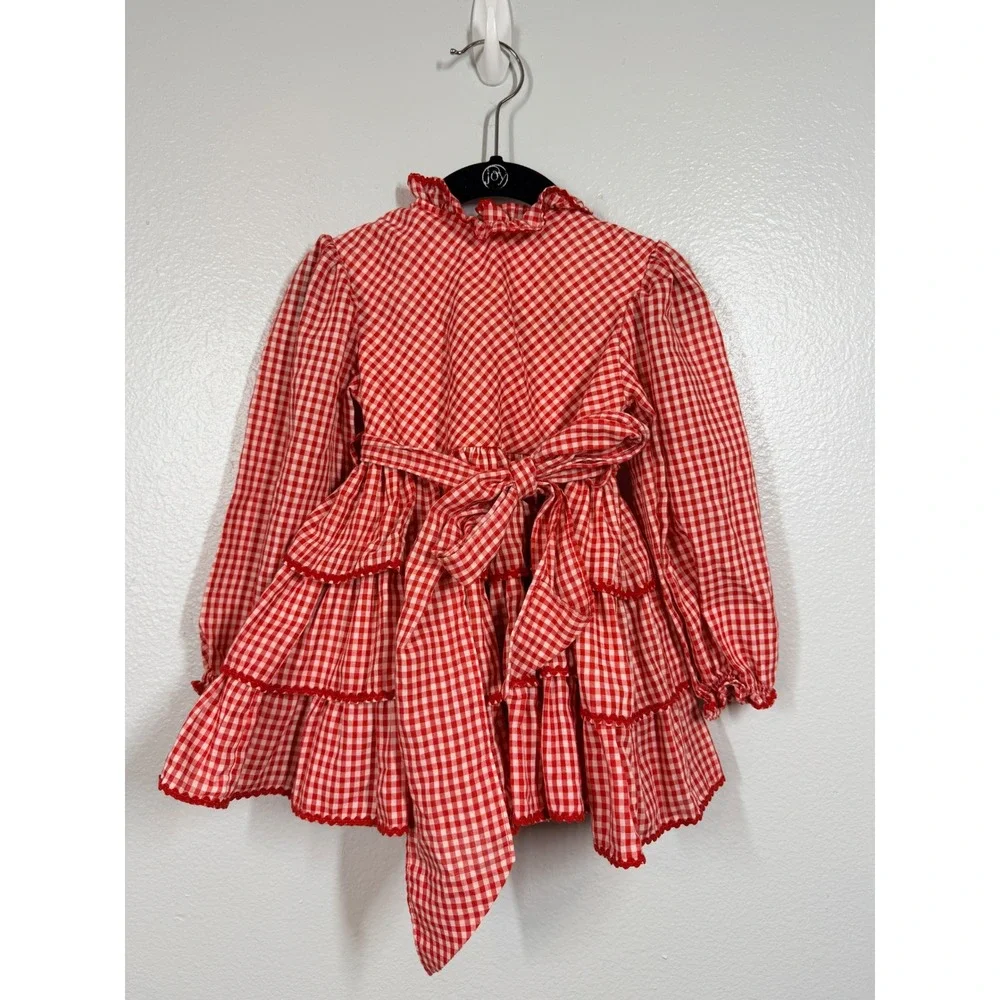 Gingham Dress Girls 3T Red White Checkered Tiered Ruffle Long Sleeve Americana